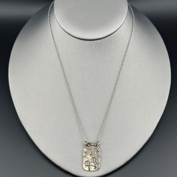 Stamped Silver-tone Metal Mason Jar with Dandelions Pendant Chain Necklace 9" - Picture 9 of 9